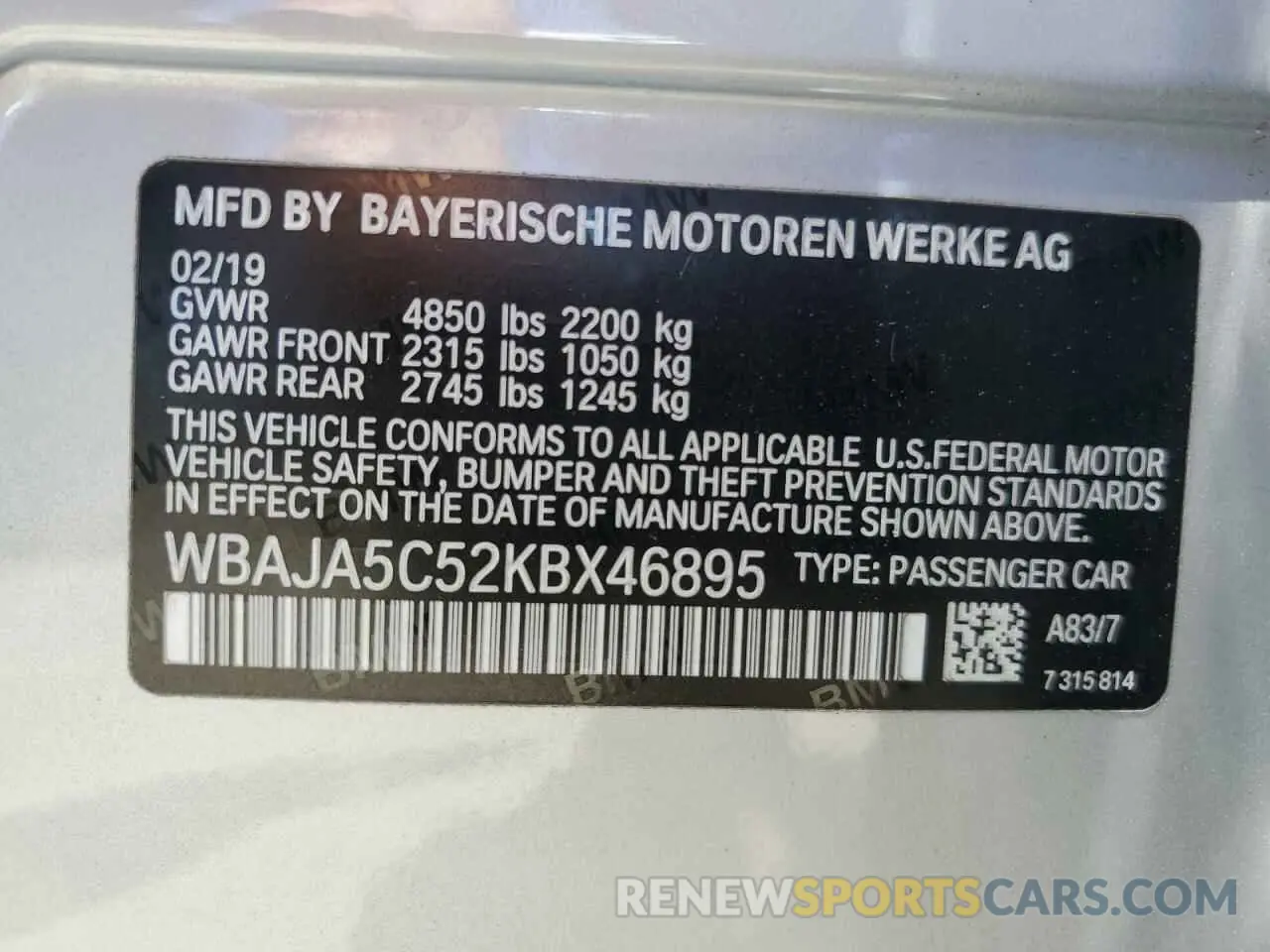 12 Photograph of a damaged car WBAJA5C52KBX46895 BMW 5 SERIES 2019