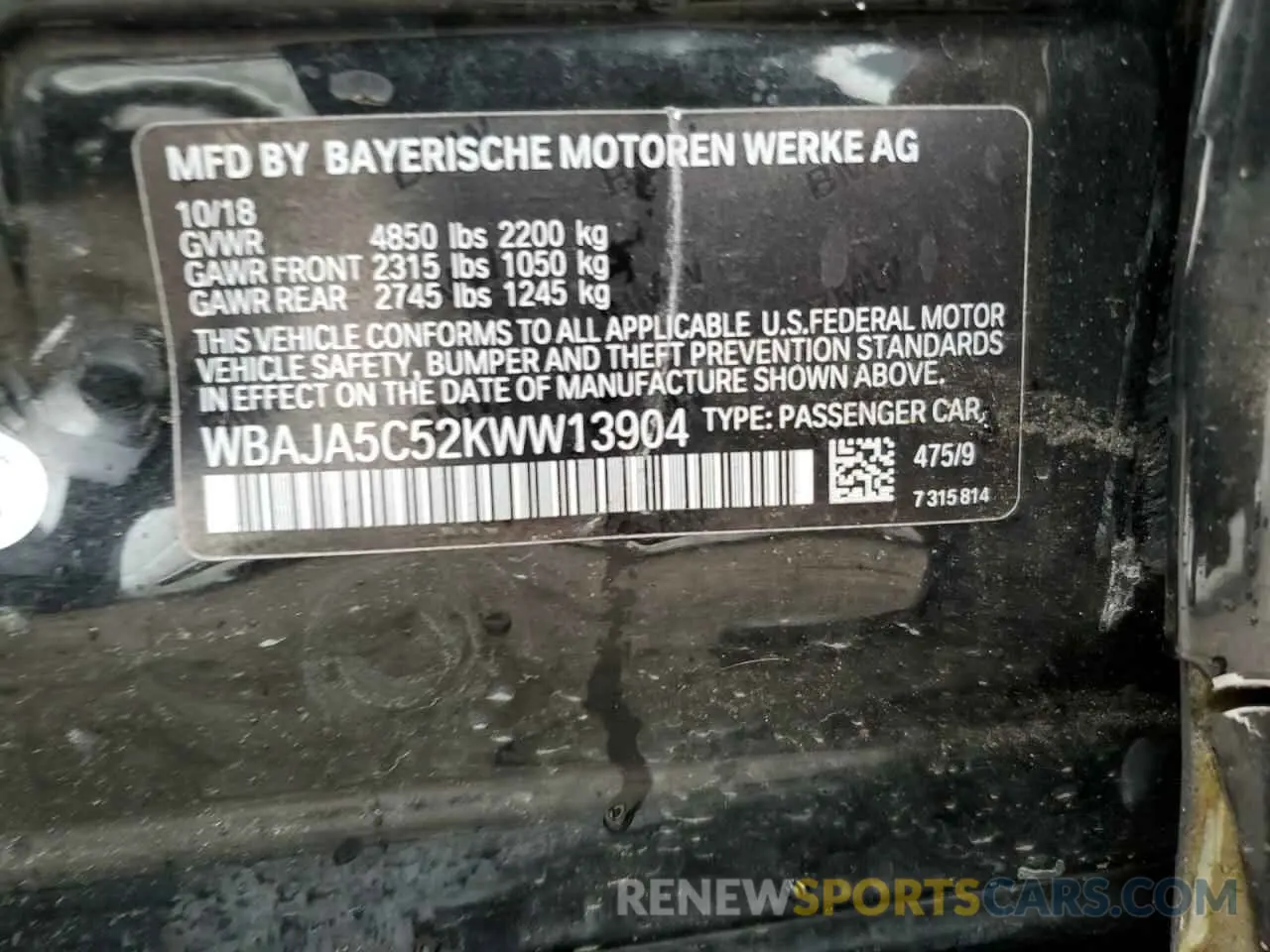 13 Photograph of a damaged car WBAJA5C52KWW13904 BMW 5 SERIES 2019