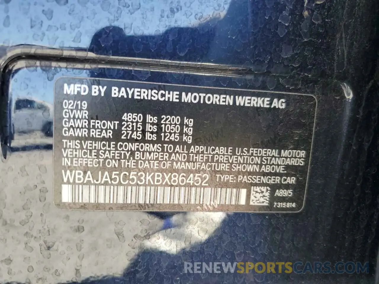 12 Photograph of a damaged car WBAJA5C53KBX86452 BMW 5 SERIES 2019