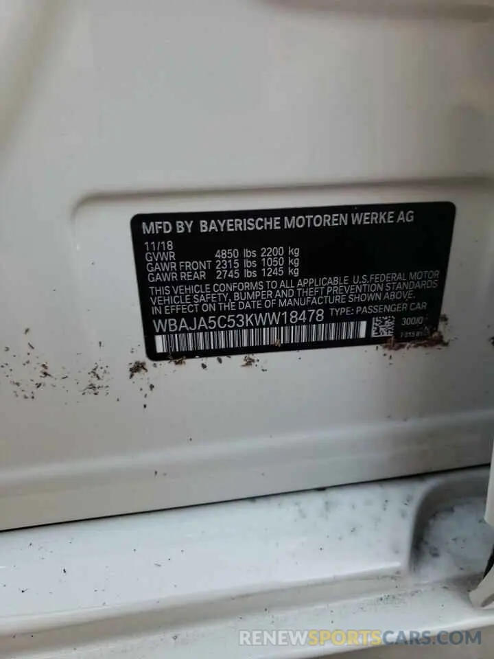 10 Photograph of a damaged car WBAJA5C53KWW18478 BMW 5 SERIES 2019