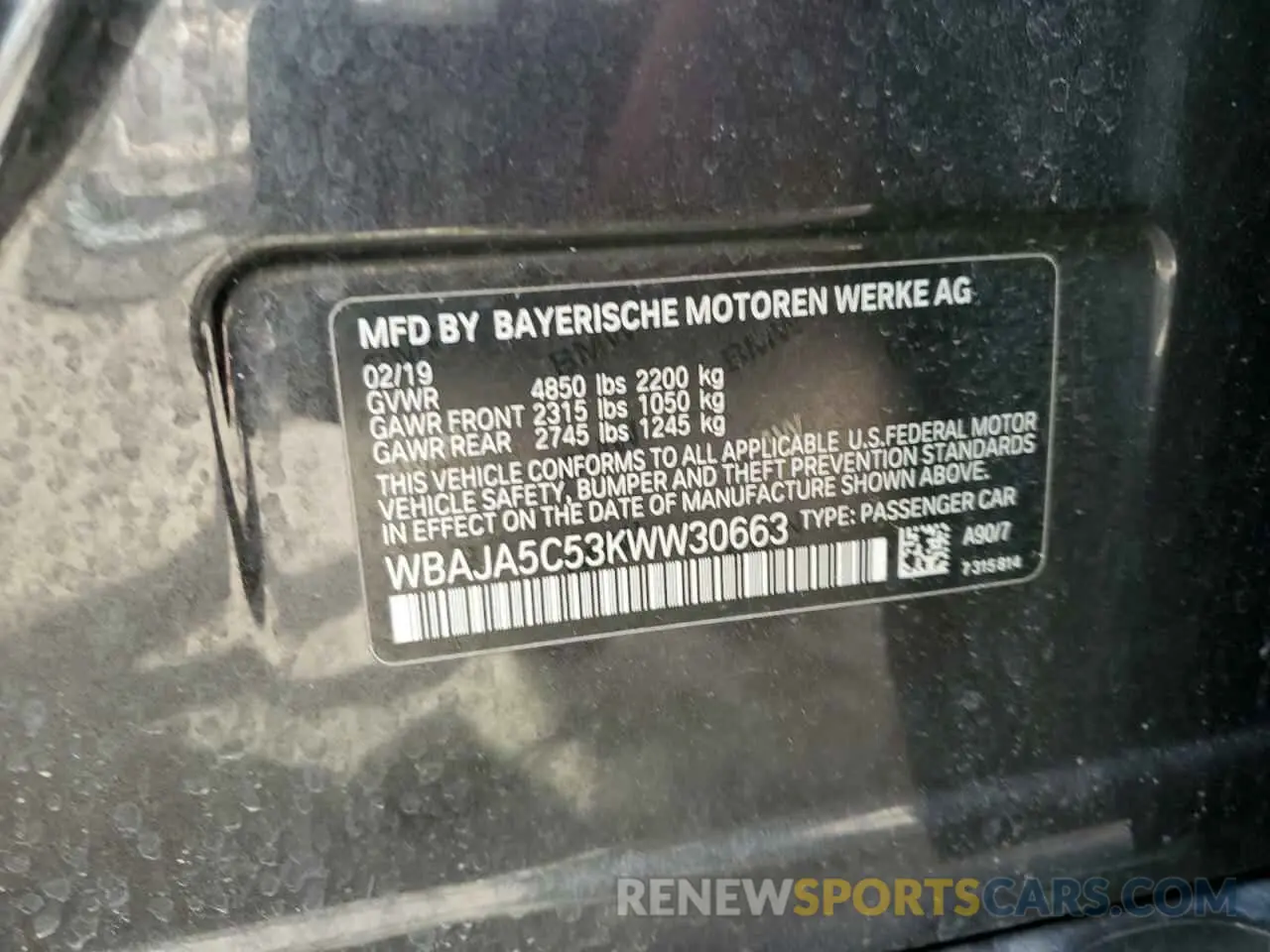 13 Photograph of a damaged car WBAJA5C53KWW30663 BMW 5 SERIES 2019