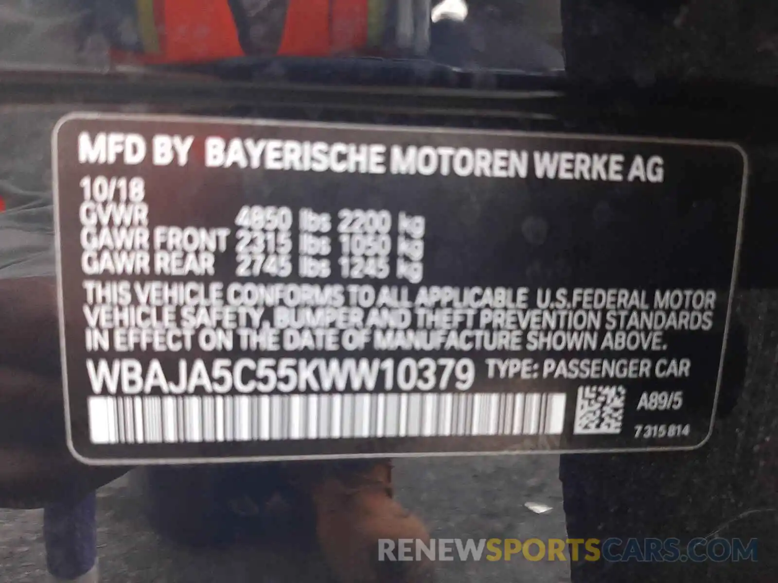 10 Photograph of a damaged car WBAJA5C55KWW10379 BMW 5 SERIES 2019