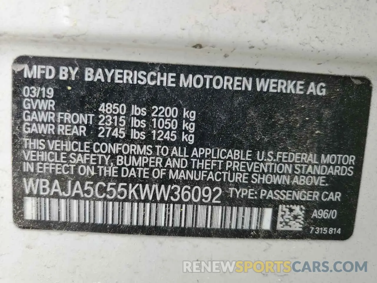 12 Photograph of a damaged car WBAJA5C55KWW36092 BMW 5 SERIES 2019