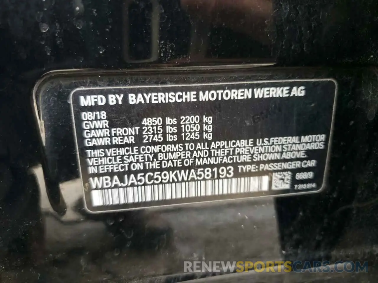 12 Photograph of a damaged car WBAJA5C59KWA58193 BMW 5 SERIES 2019