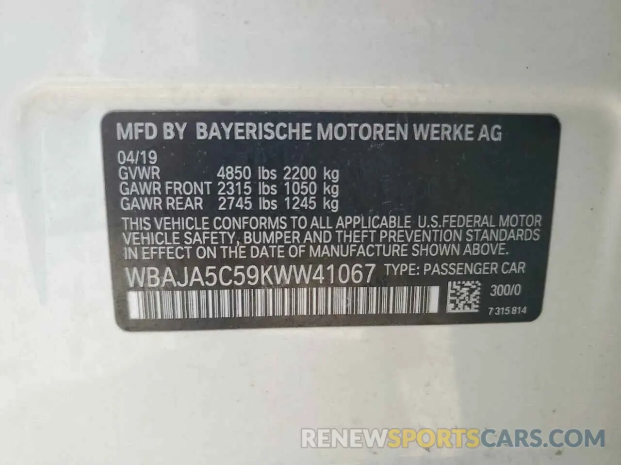 13 Photograph of a damaged car WBAJA5C59KWW41067 BMW 5 SERIES 2019