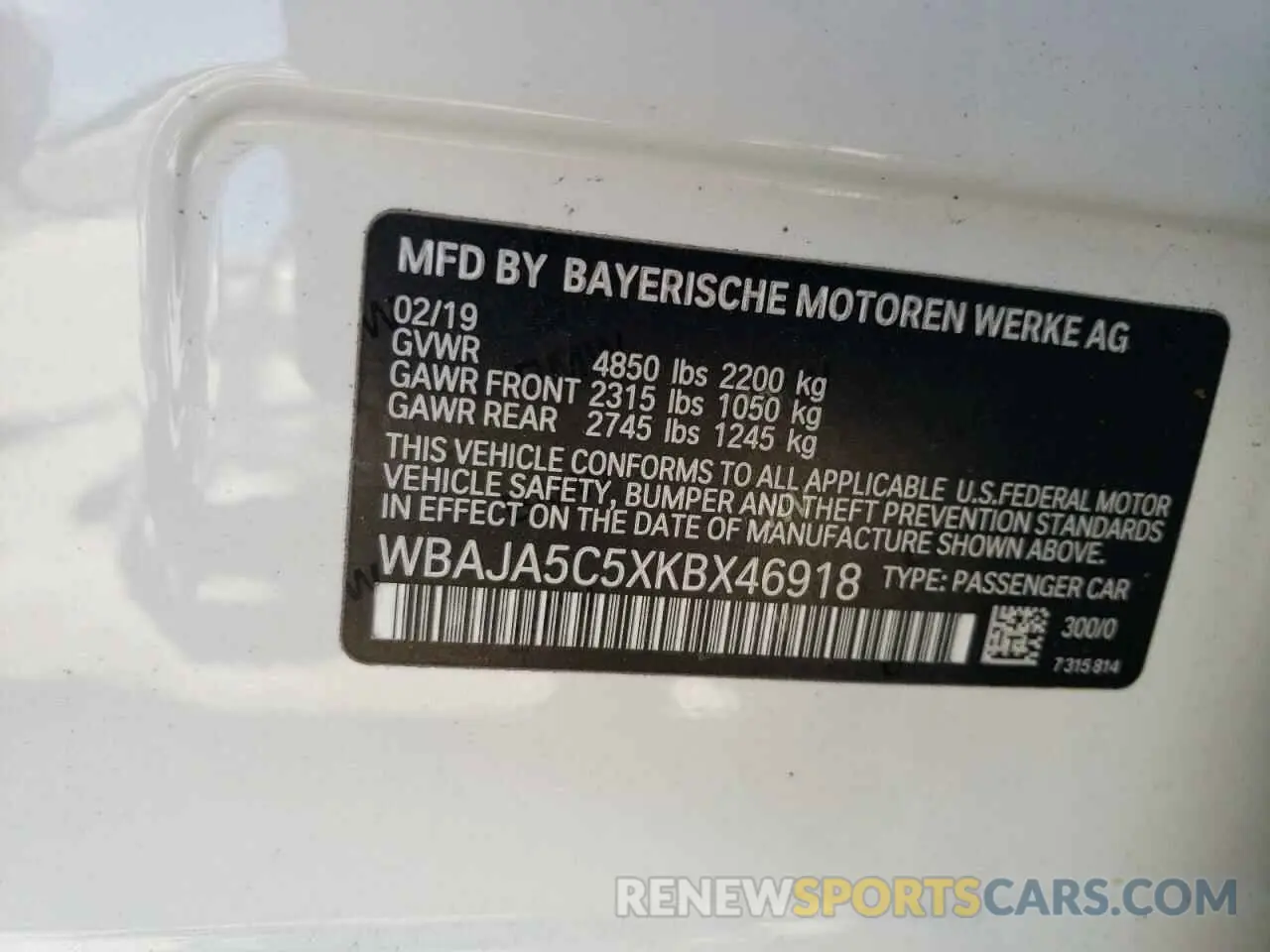 13 Photograph of a damaged car WBAJA5C5XKBX46918 BMW 5 SERIES 2019