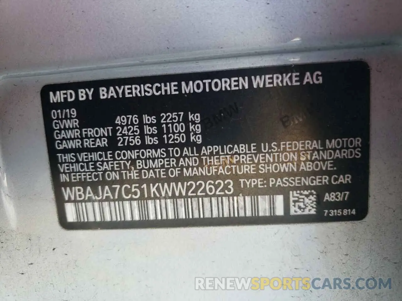 13 Photograph of a damaged car WBAJA7C51KWW22623 BMW 5 SERIES 2019