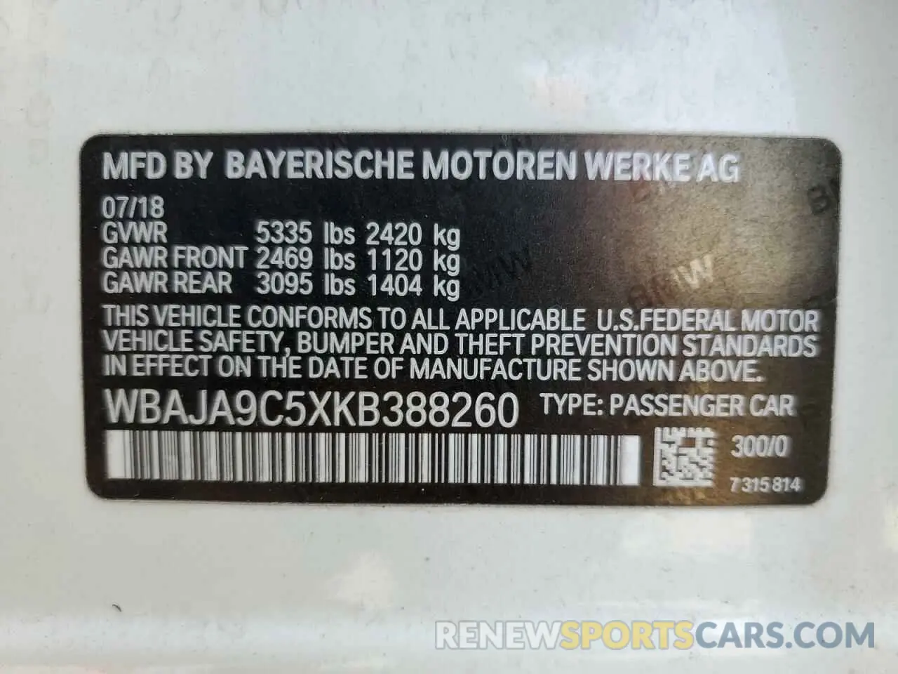 10 Photograph of a damaged car WBAJA9C5XKB388260 BMW 5 SERIES 2019