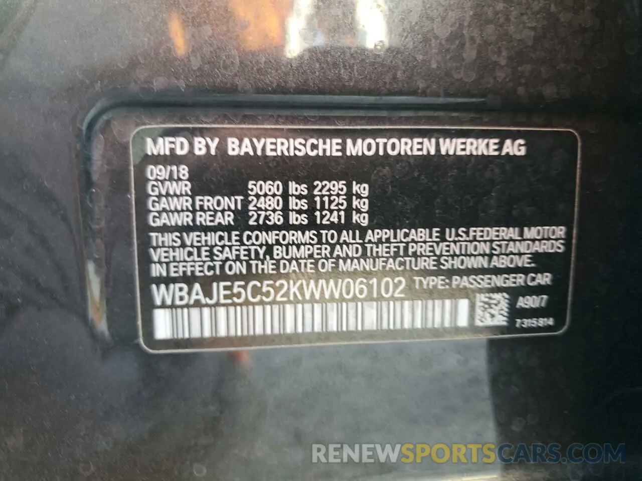 12 Photograph of a damaged car WBAJE5C52KWW06102 BMW 5 SERIES 2019