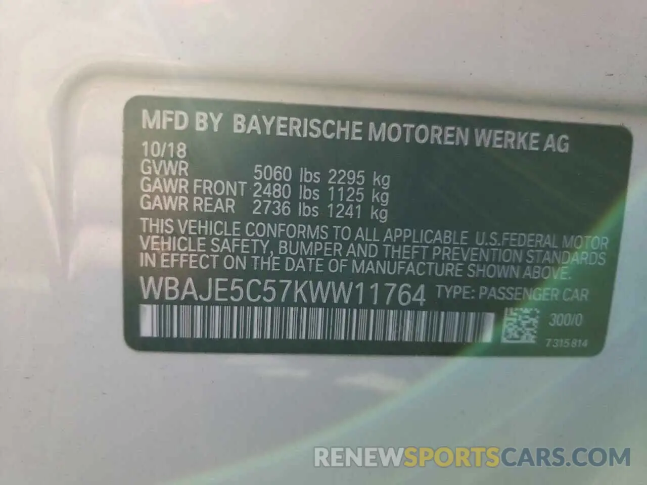 10 Photograph of a damaged car WBAJE5C57KWW11764 BMW 5 SERIES 2019