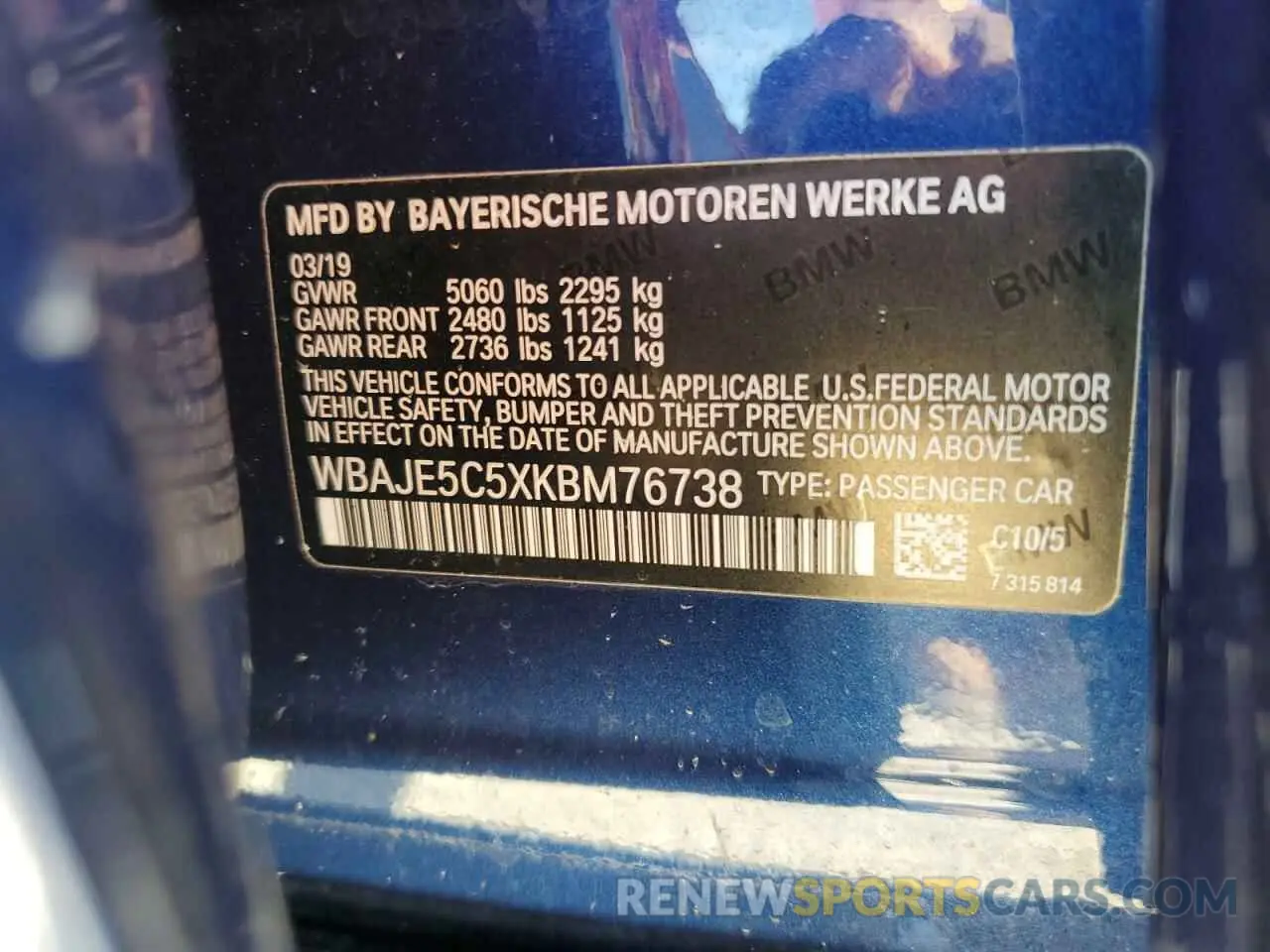 12 Photograph of a damaged car WBAJE5C5XKBM76738 BMW 5 SERIES 2019
