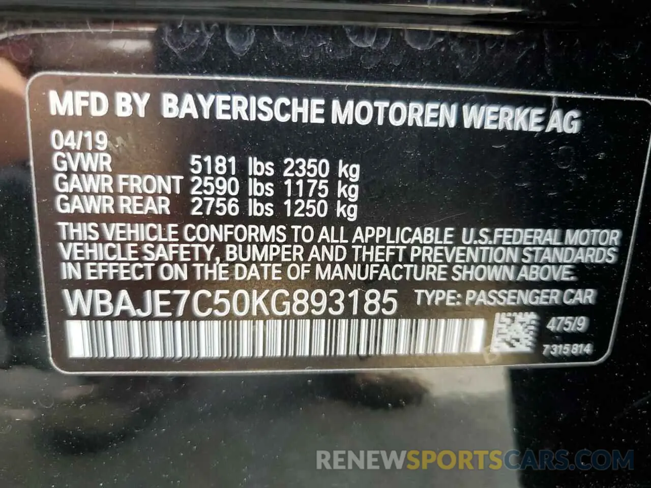 13 Photograph of a damaged car WBAJE7C50KG893185 BMW 5 SERIES 2019