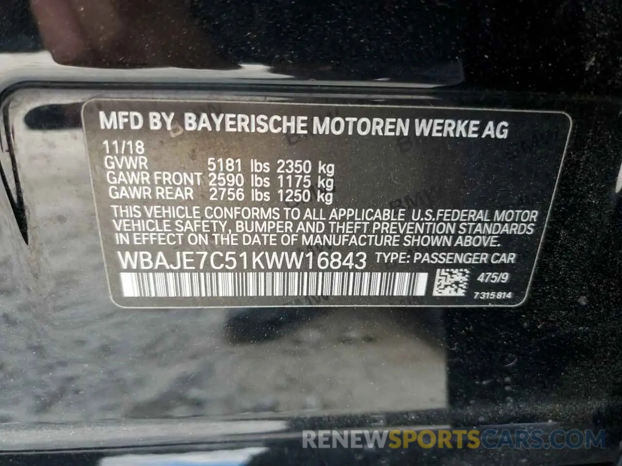 12 Photograph of a damaged car WBAJE7C51KWW16843 BMW 5 SERIES 2019