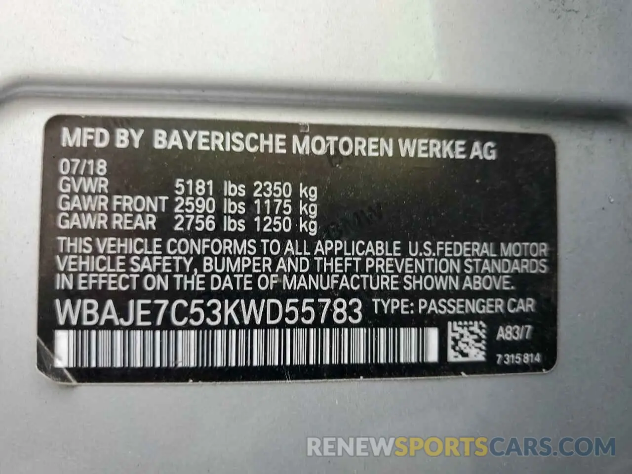 12 Photograph of a damaged car WBAJE7C53KWD55783 BMW 5 SERIES 2019