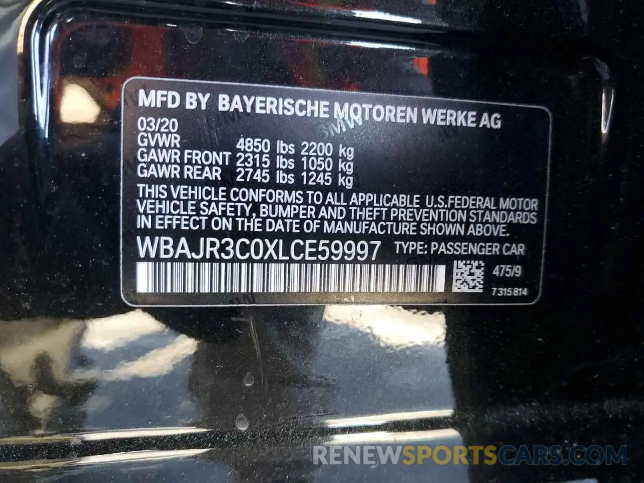 12 Photograph of a damaged car WBAJR3C0XLCE59997 BMW 5 SERIES 2020