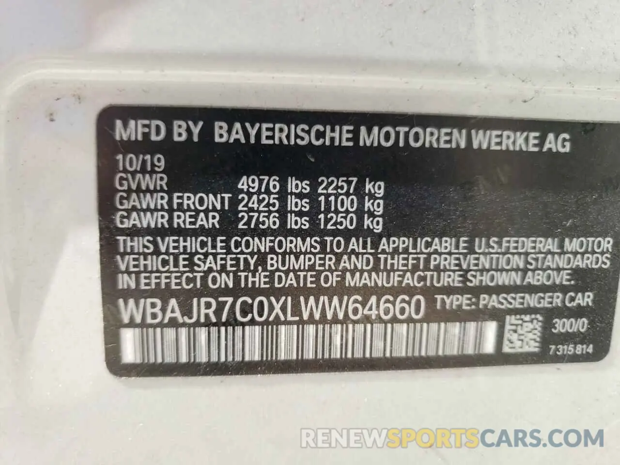 10 Photograph of a damaged car WBAJR7C0XLWW64660 BMW 5 SERIES 2020