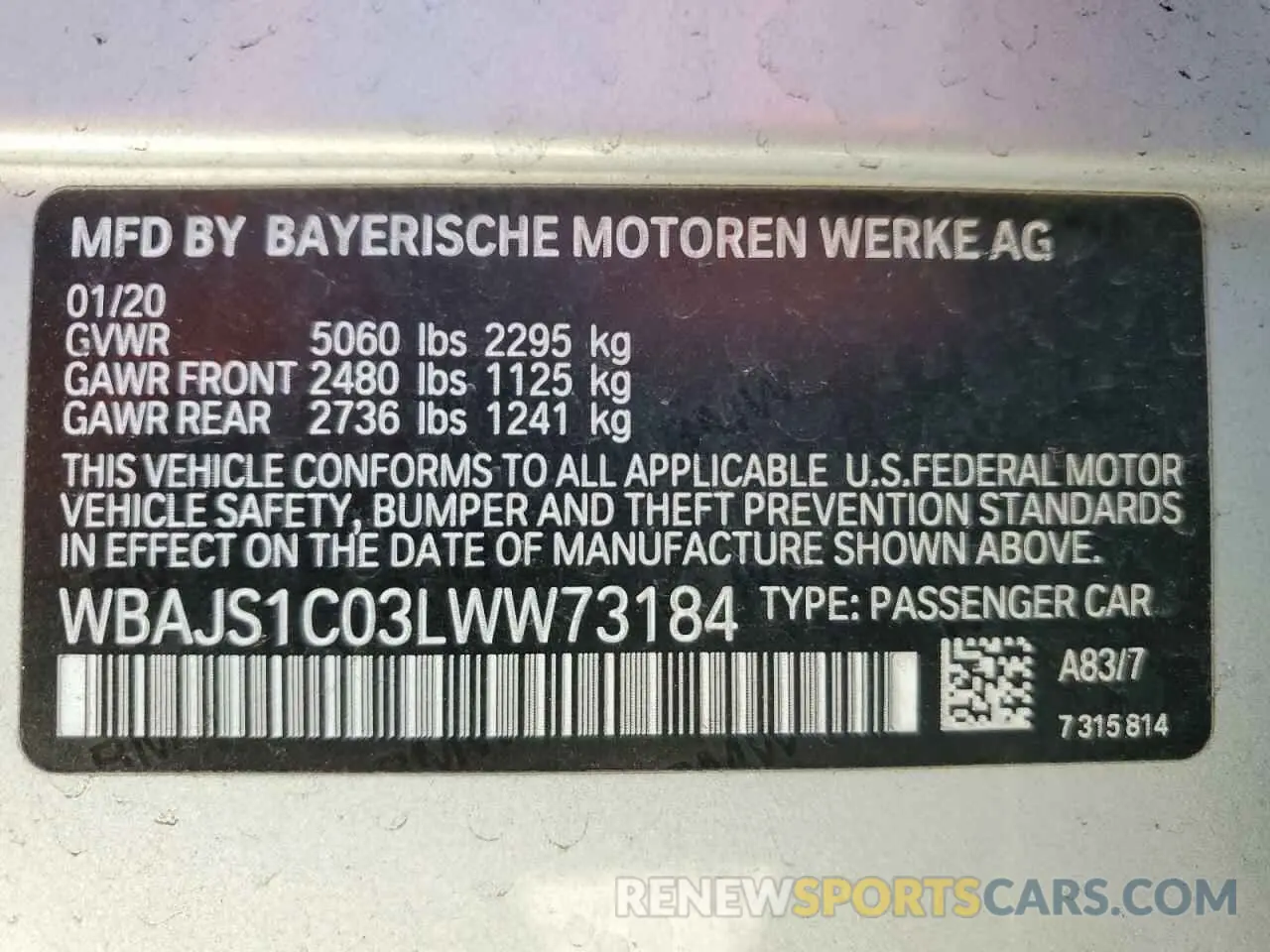 12 Photograph of a damaged car WBAJS1C03LWW73184 BMW 5 SERIES 2020