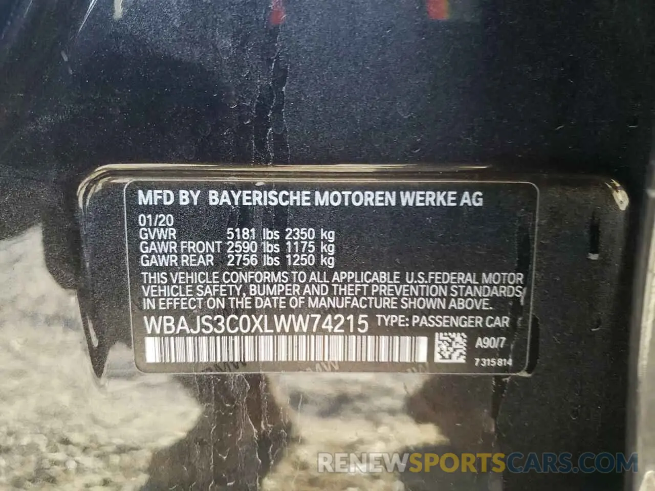 13 Photograph of a damaged car WBAJS3C0XLWW74215 BMW 5 SERIES 2020