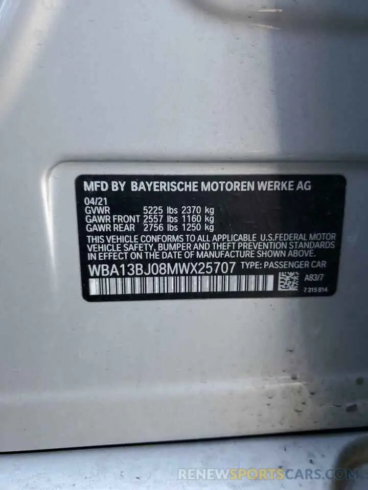 12 Photograph of a damaged car WBA13BJ08MWX25707 BMW 5 SERIES 2021
