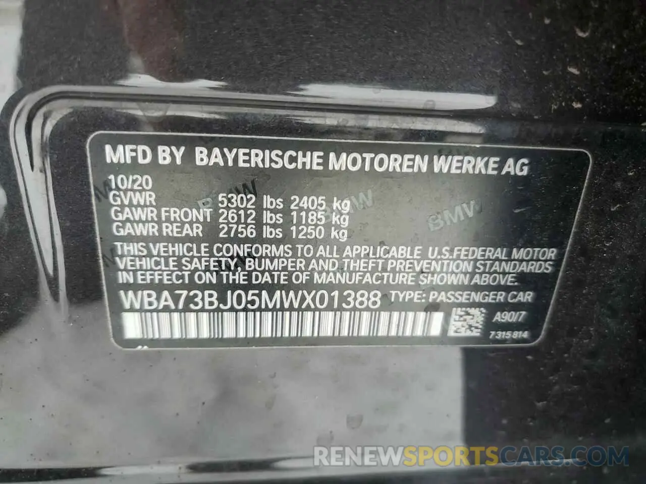 12 Photograph of a damaged car WBA73BJ05MWX01388 BMW 5 SERIES 2021