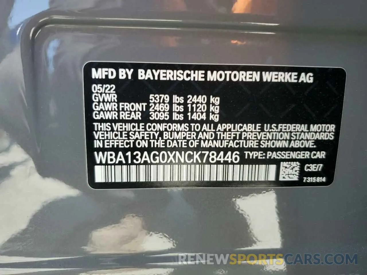 12 Photograph of a damaged car WBA13AG0XNCK78446 BMW 5 SERIES 2022