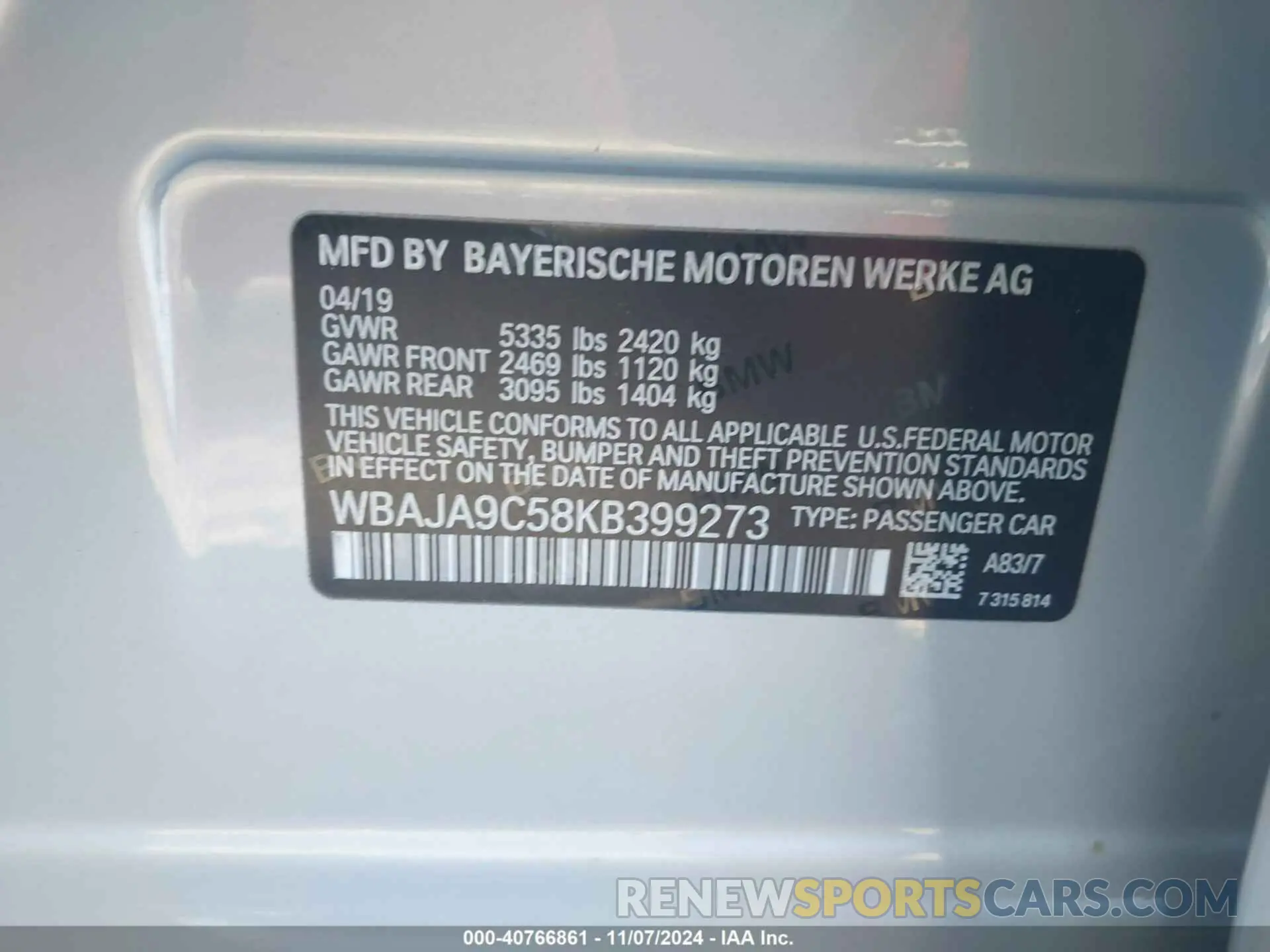9 Photograph of a damaged car WBAJA9C58KB399273 BMW 530E 2019