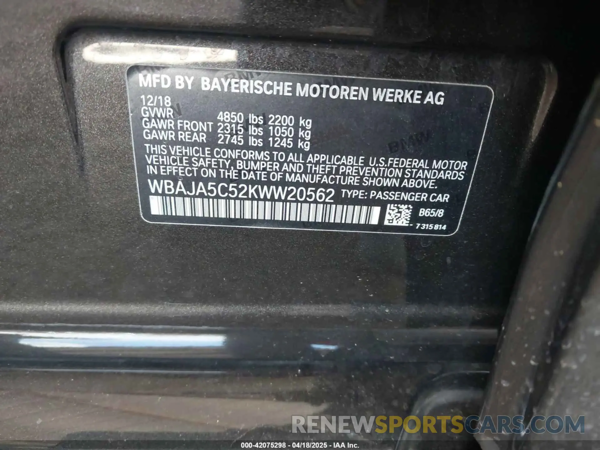 9 Photograph of a damaged car WBAJA5C52KWW20562 BMW 530I 2019