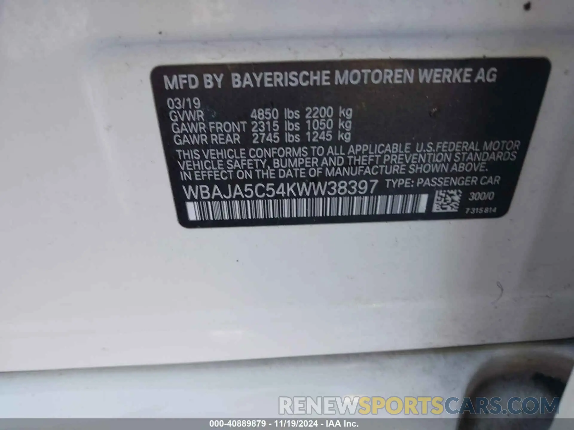 9 Photograph of a damaged car WBAJA5C54KWW38397 BMW 530I 2019