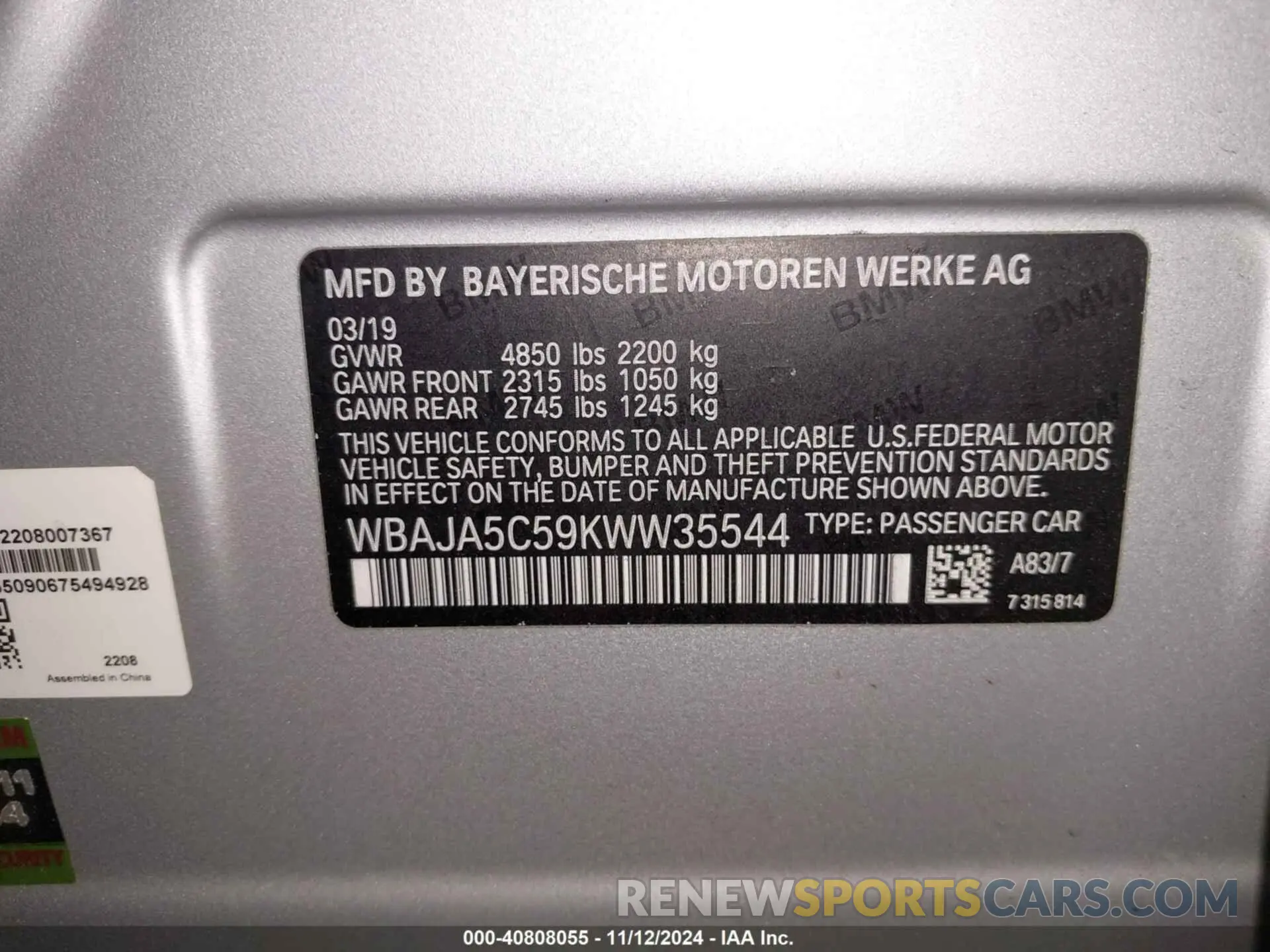 9 Photograph of a damaged car WBAJA5C59KWW35544 BMW 530I 2019