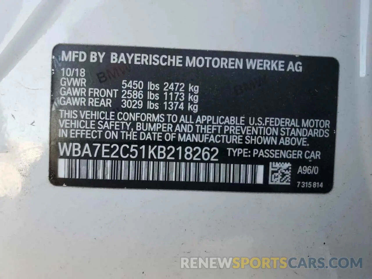 13 Photograph of a damaged car WBA7E2C51KB218262 BMW 7 SERIES 2019