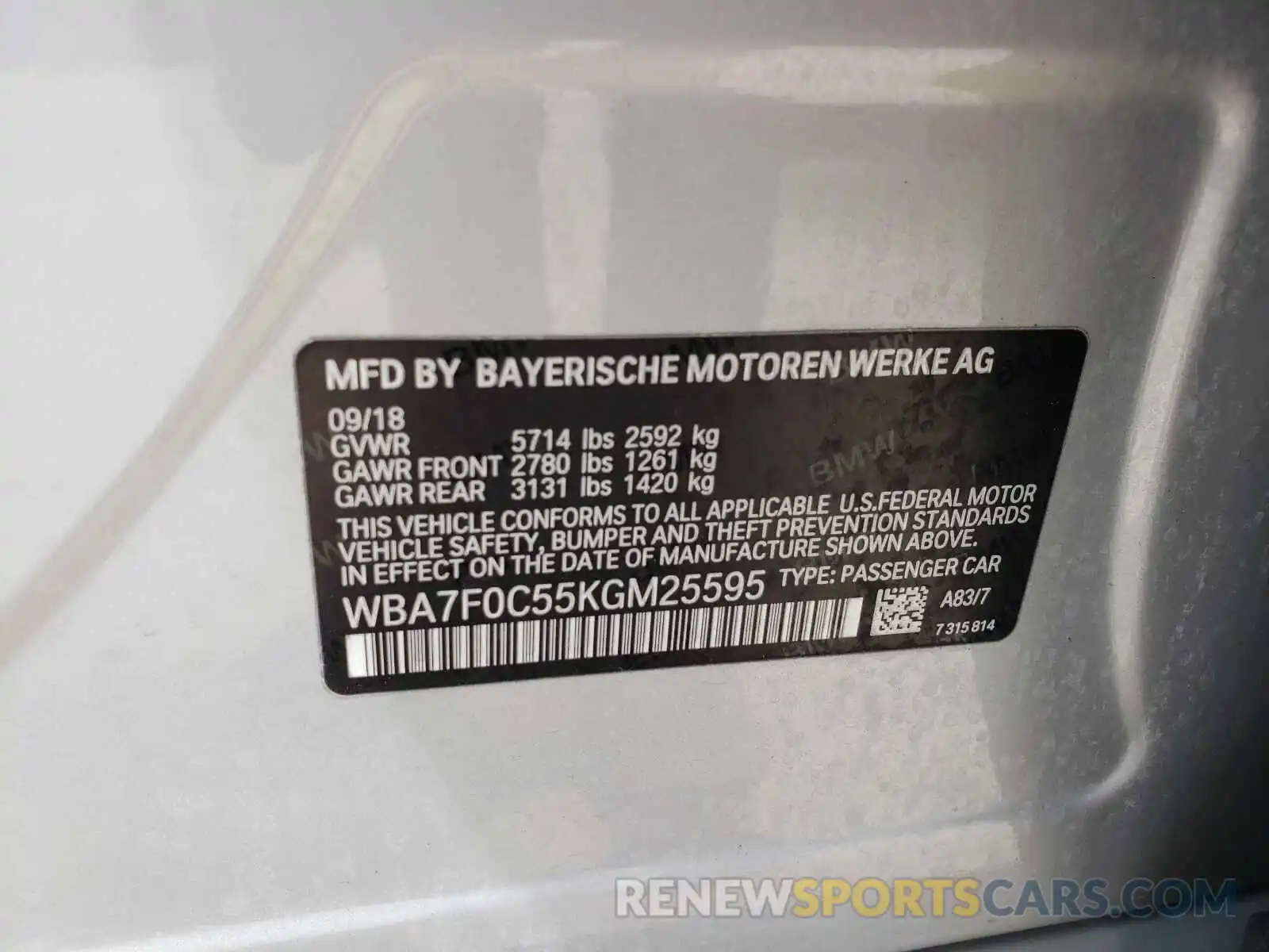 10 Photograph of a damaged car WBA7F0C55KGM25595 BMW 7 SERIES 2019