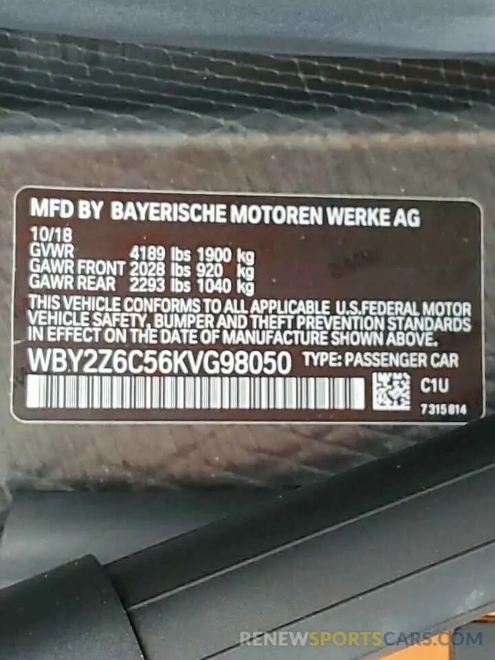10 Photograph of a damaged car WBY2Z6C56KVG98050 BMW I SERIES 2019