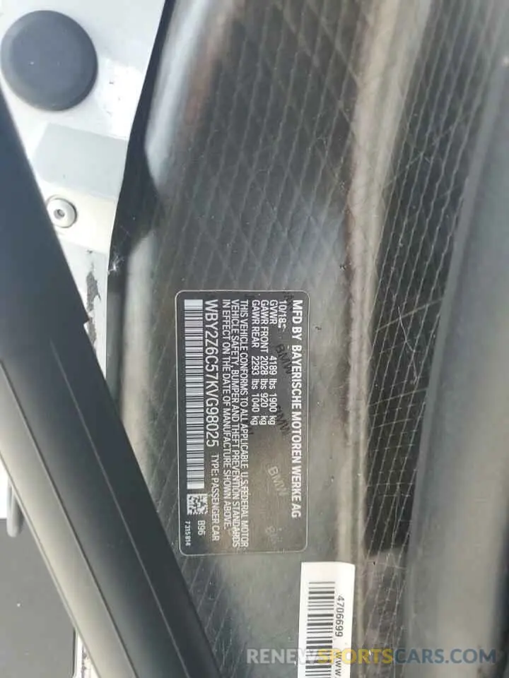 12 Photograph of a damaged car WBY2Z6C57KVG98025 BMW I SERIES 2019