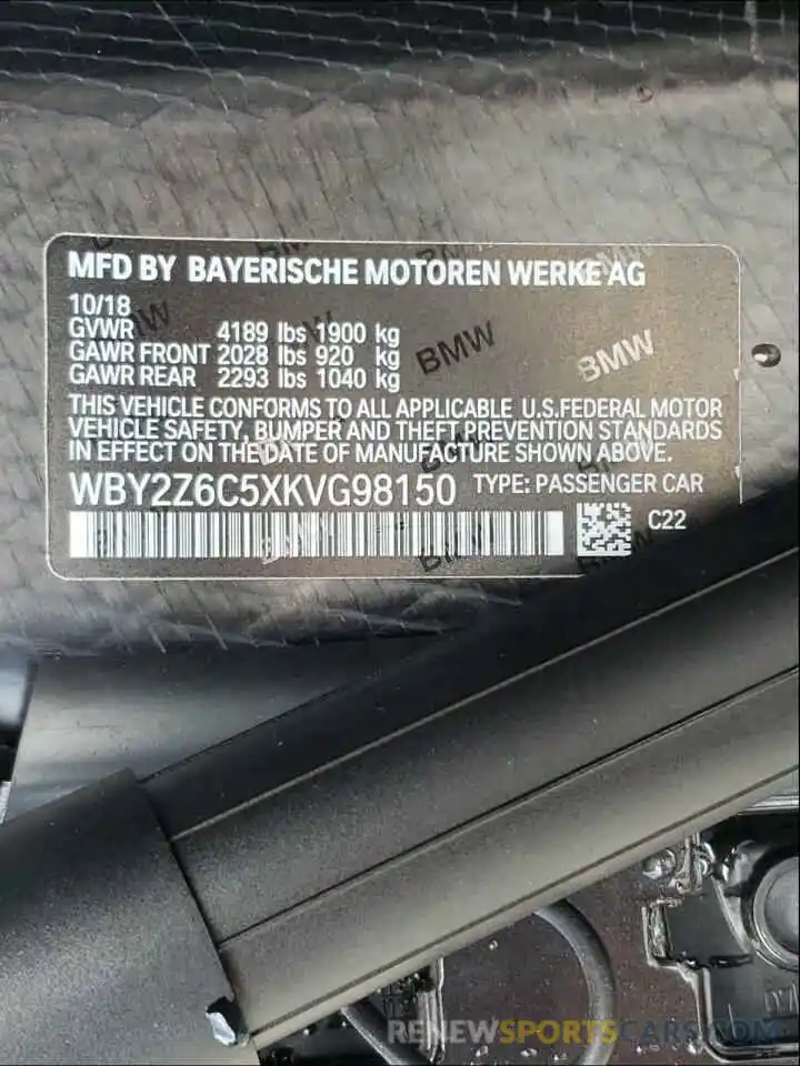 10 Photograph of a damaged car WBY2Z6C5XKVG98150 BMW I SERIES 2019