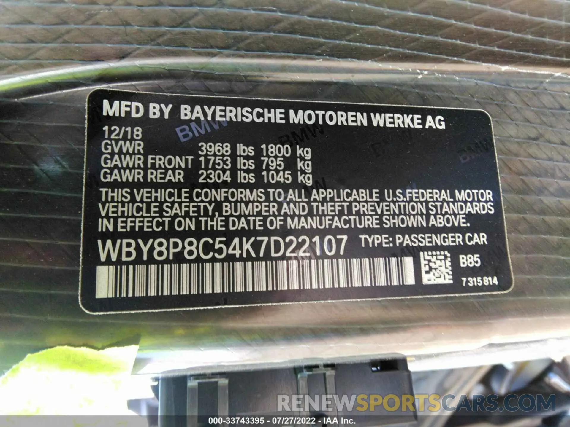 9 Photograph of a damaged car WBY8P8C54K7D22107 BMW I3 2019
