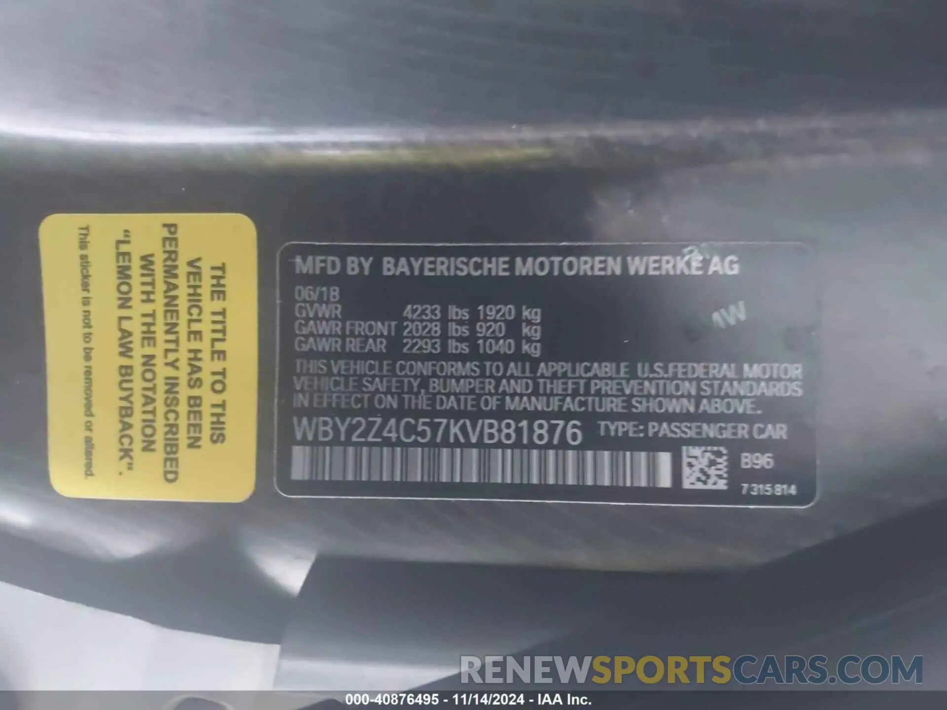 9 Photograph of a damaged car WBY2Z4C57KVB81876 BMW I8 2019