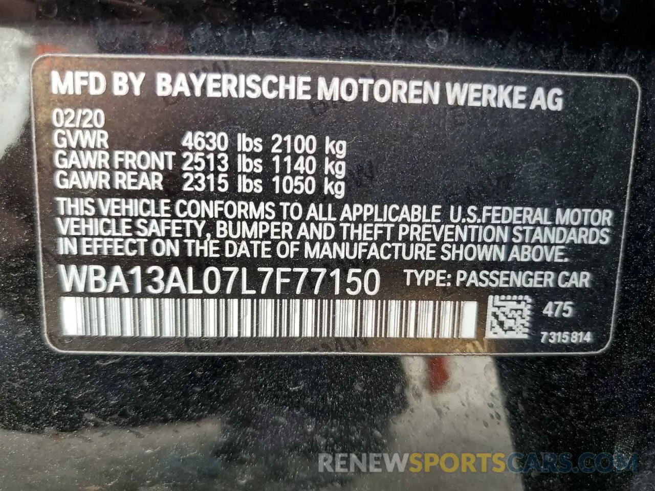 12 Photograph of a damaged car WBA13AL07L7F77150 BMW M2 2020