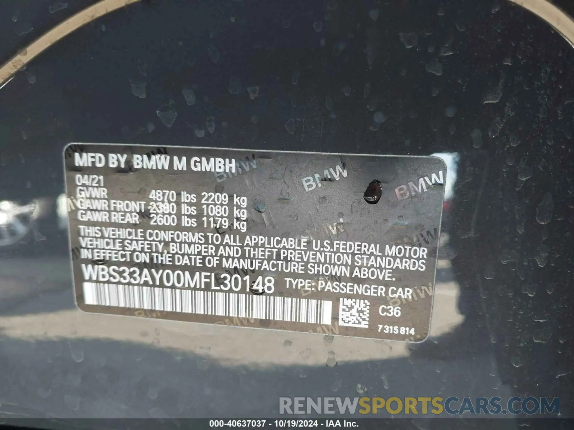 9 Photograph of a damaged car WBS33AY00MFL30148 BMW M3 2021