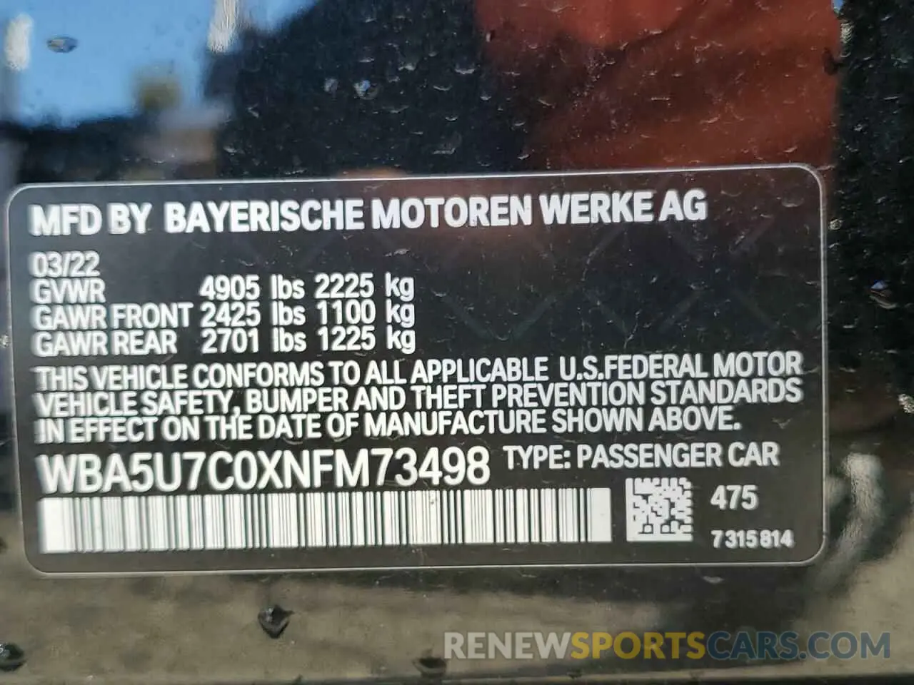 10 Photograph of a damaged car WBA5U7C0XNFM73498 BMW M3 2022