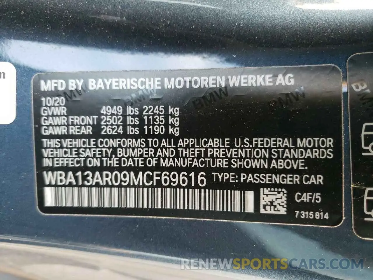 13 Photograph of a damaged car WBA13AR09MCF69616 BMW M4 2021