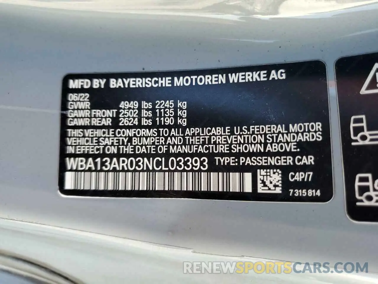 15 Photograph of a damaged car WBA13AR03NCL03393 BMW M4 2022