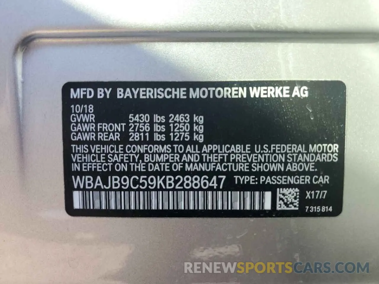 12 Photograph of a damaged car WBAJB9C59KB288647 BMW M5 2019