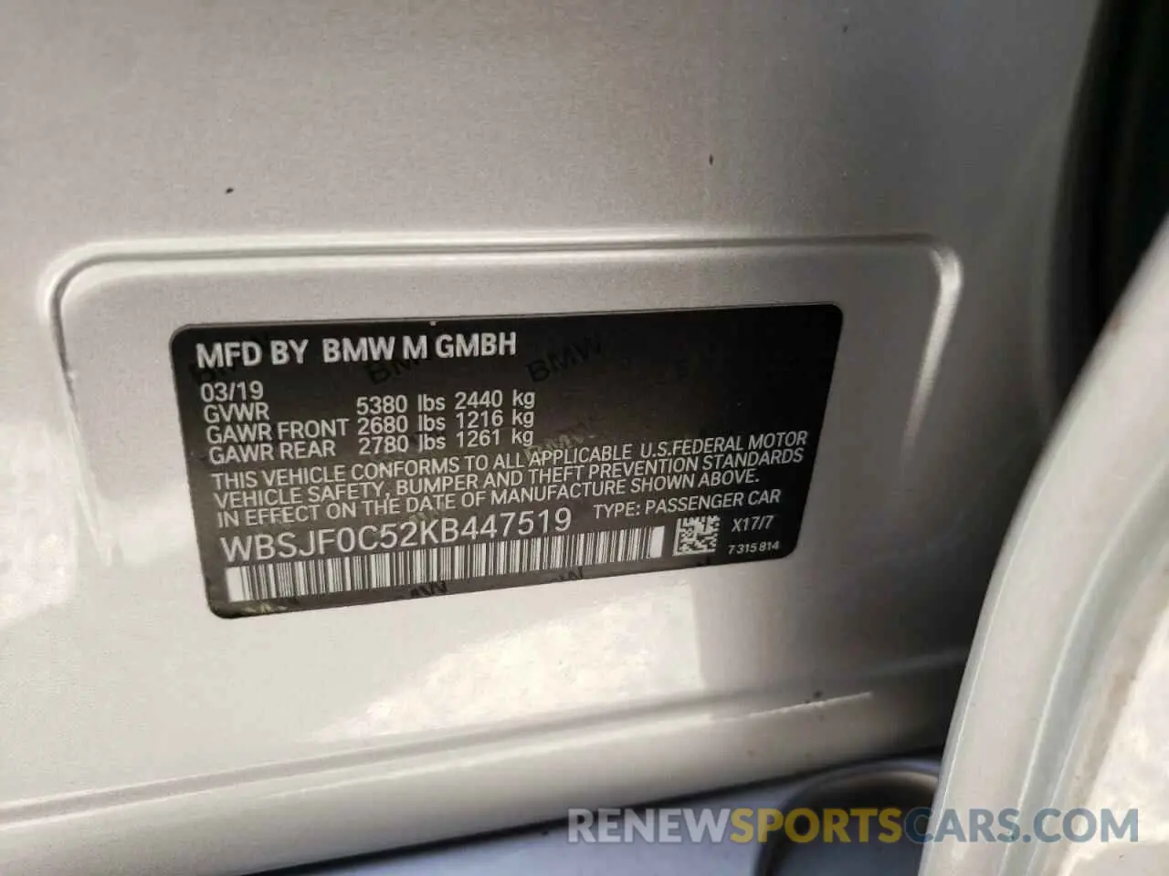 10 Photograph of a damaged car WBSJF0C52KB447519 BMW M5 2019