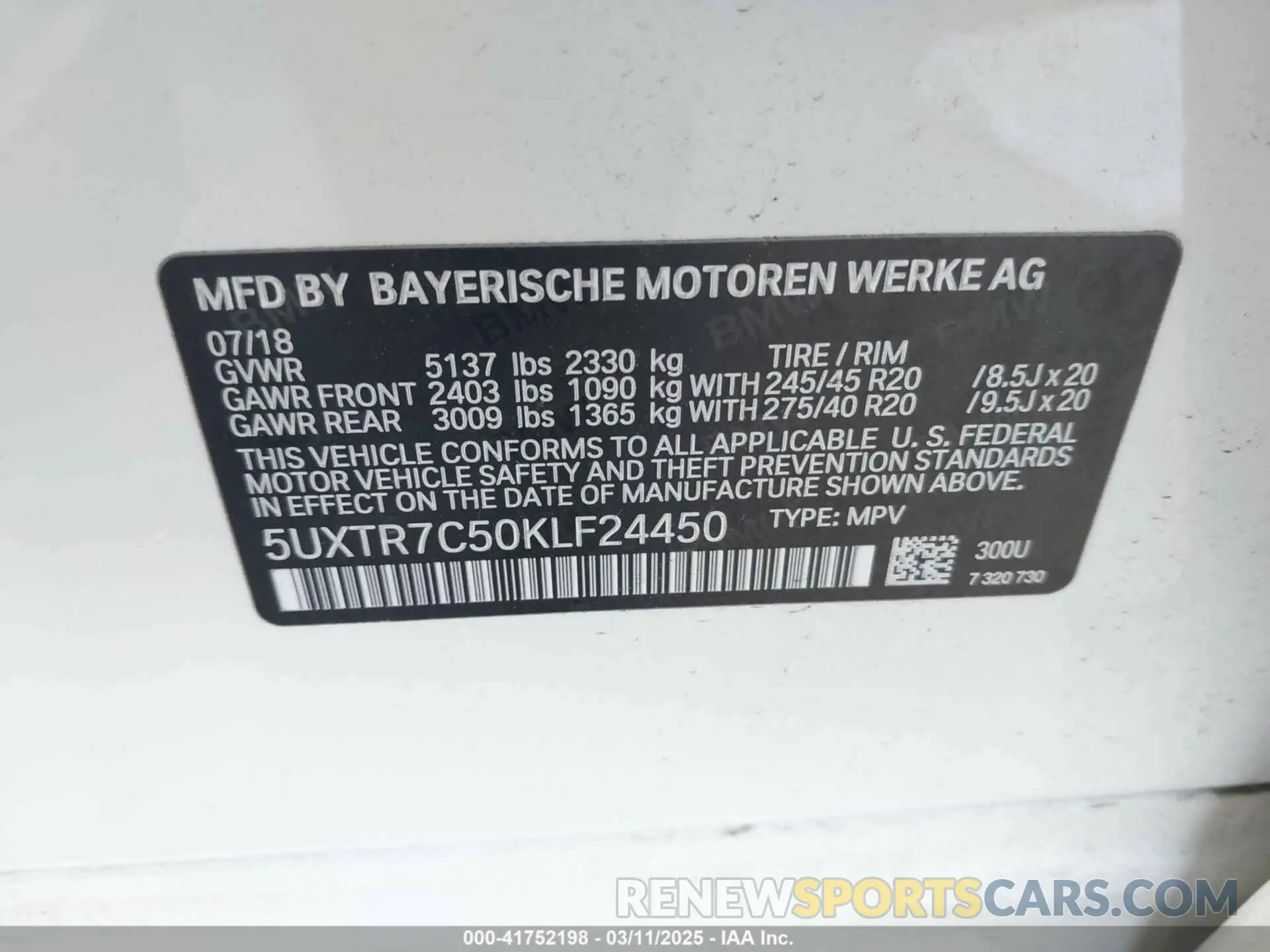9 Photograph of a damaged car 5UXTR7C50KLF24450 BMW X3 2019