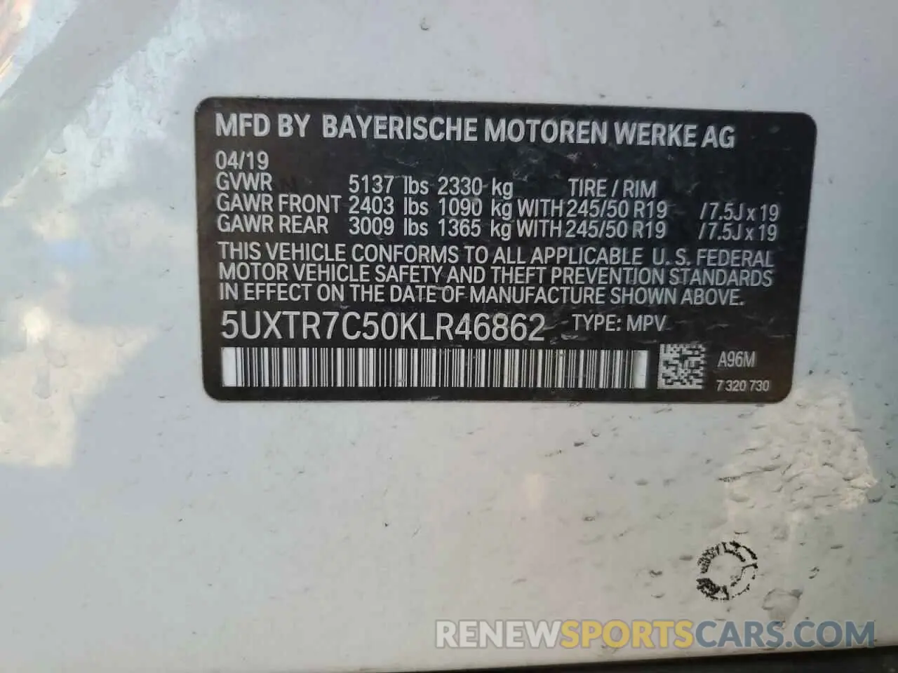 12 Photograph of a damaged car 5UXTR7C50KLR46862 BMW X3 2019