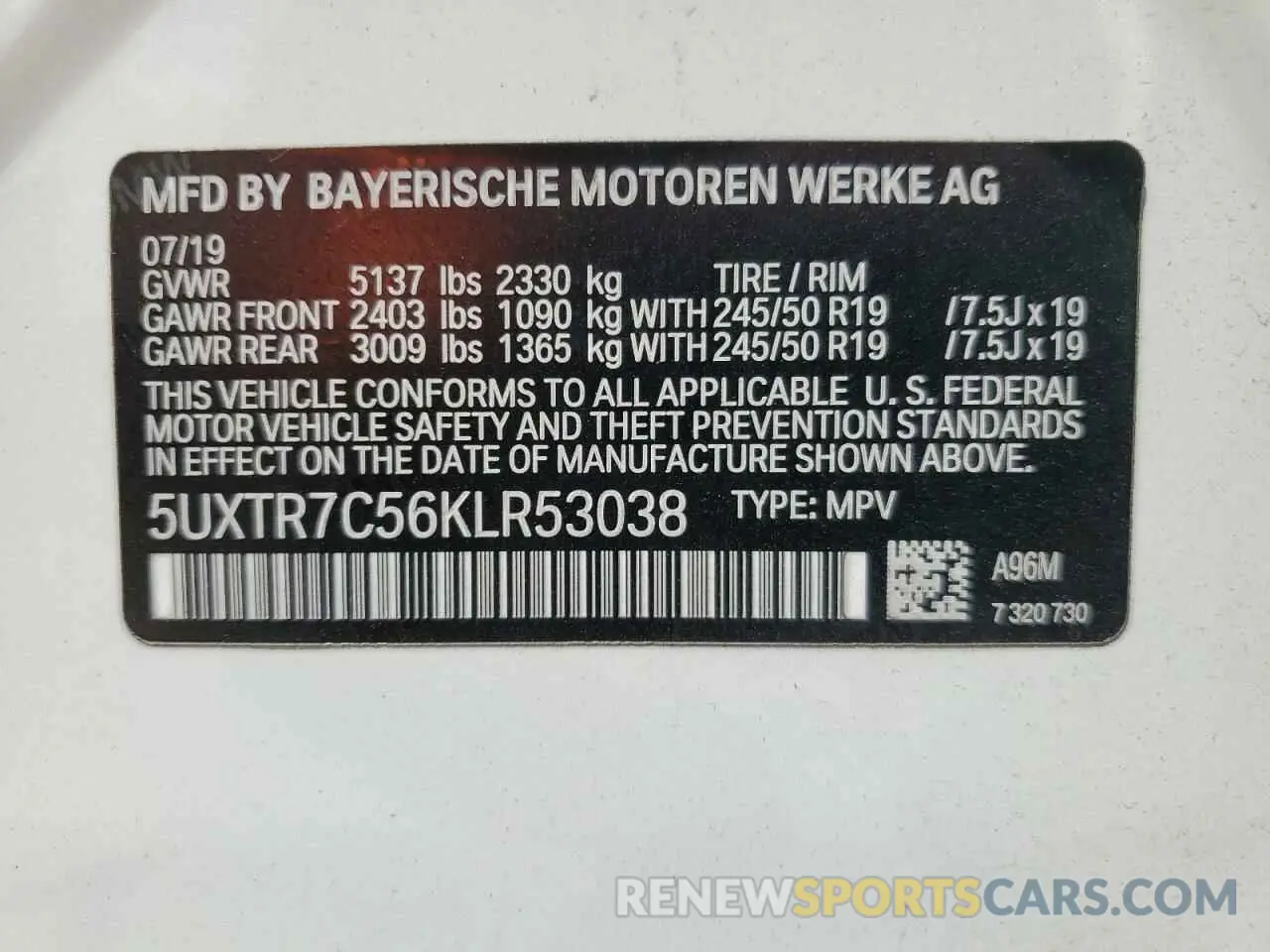 13 Photograph of a damaged car 5UXTR7C56KLR53038 BMW X3 2019