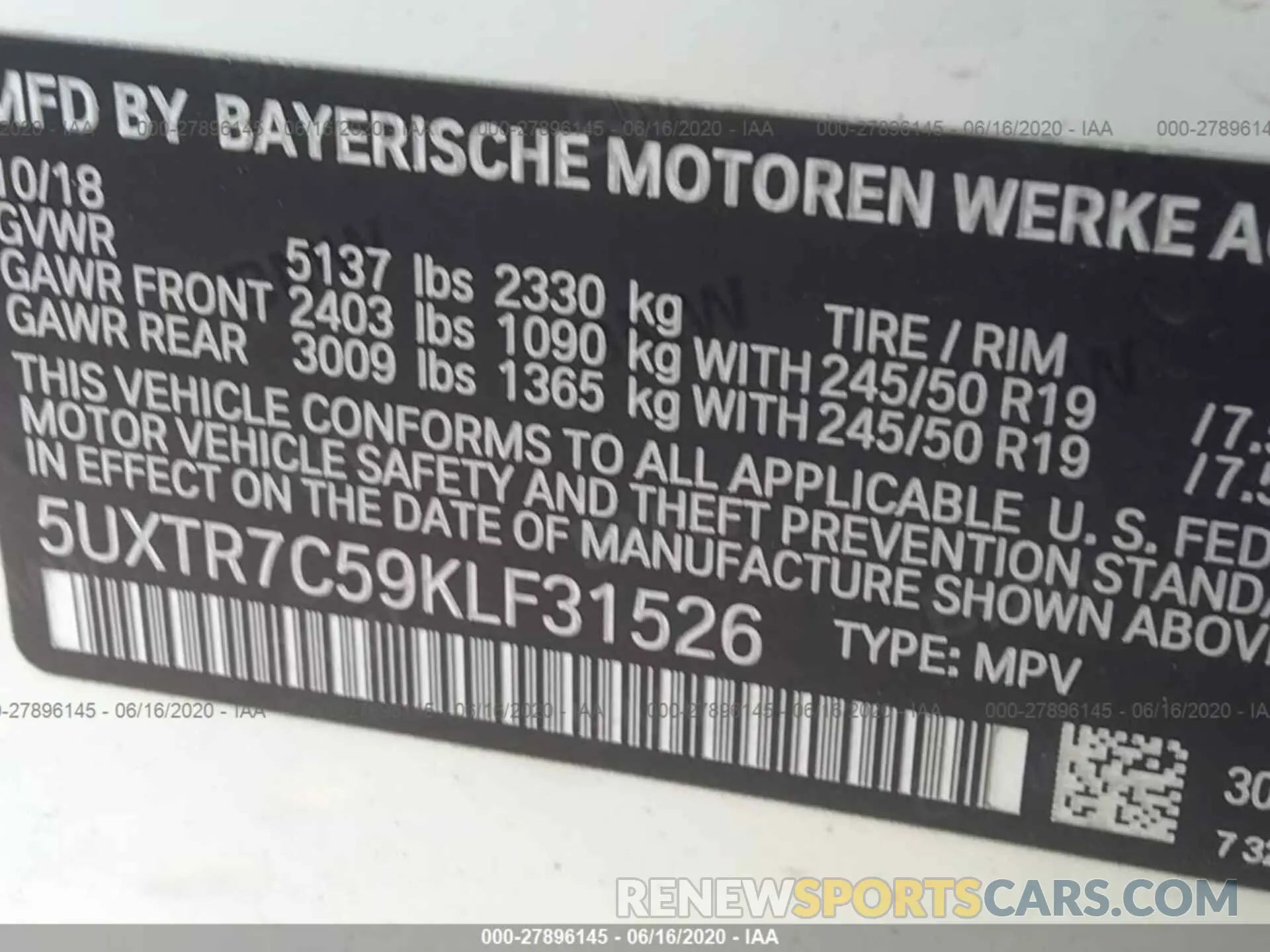 9 Photograph of a damaged car 5UXTR7C59KLF31526 BMW X3 2019