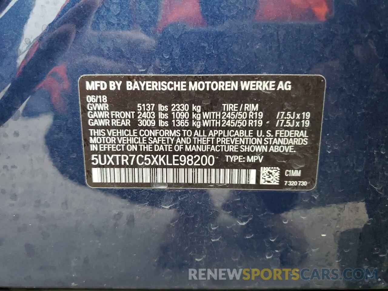 13 Photograph of a damaged car 5UXTR7C5XKLE98200 BMW X3 2019