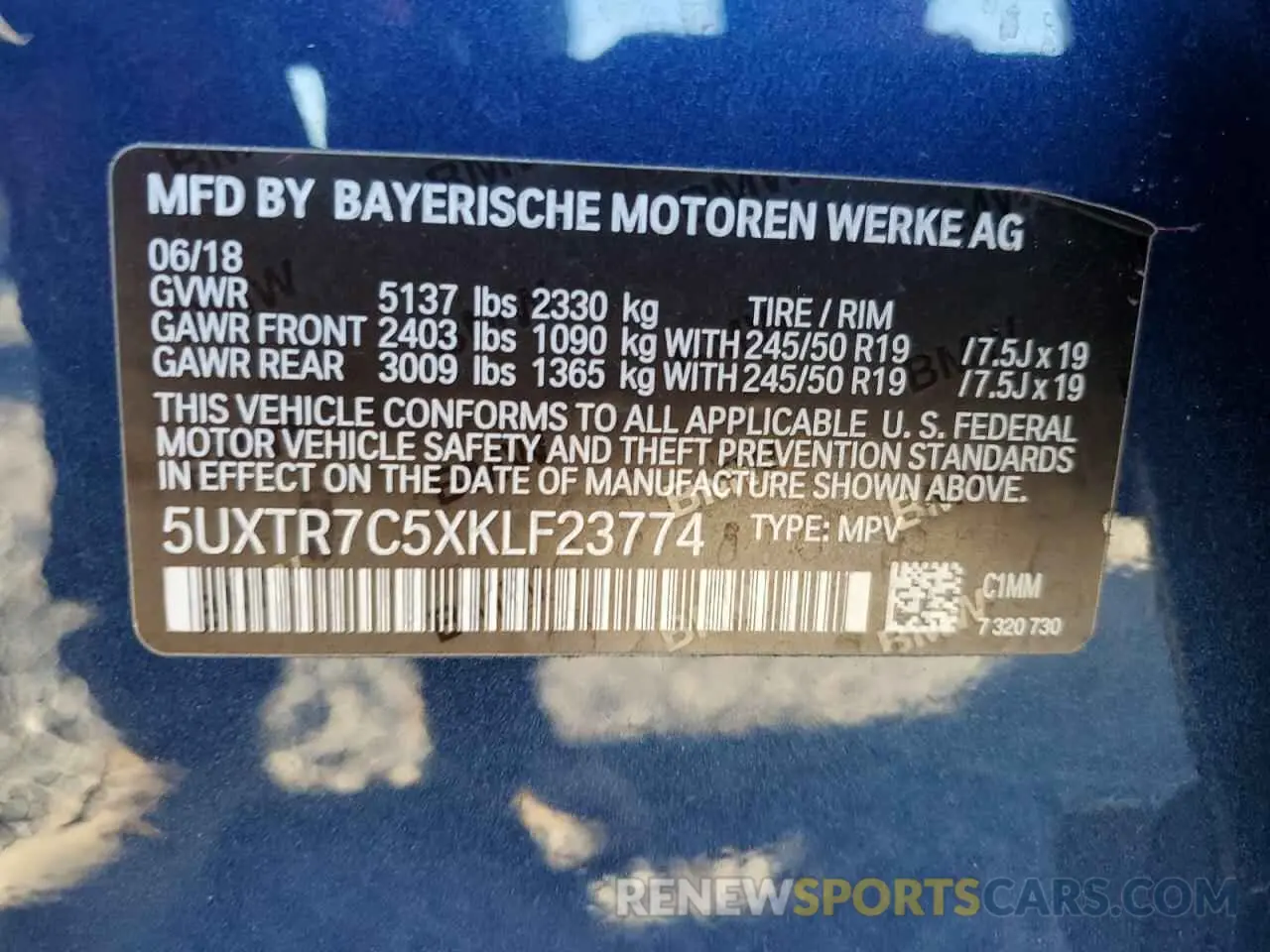 13 Photograph of a damaged car 5UXTR7C5XKLF23774 BMW X3 2019