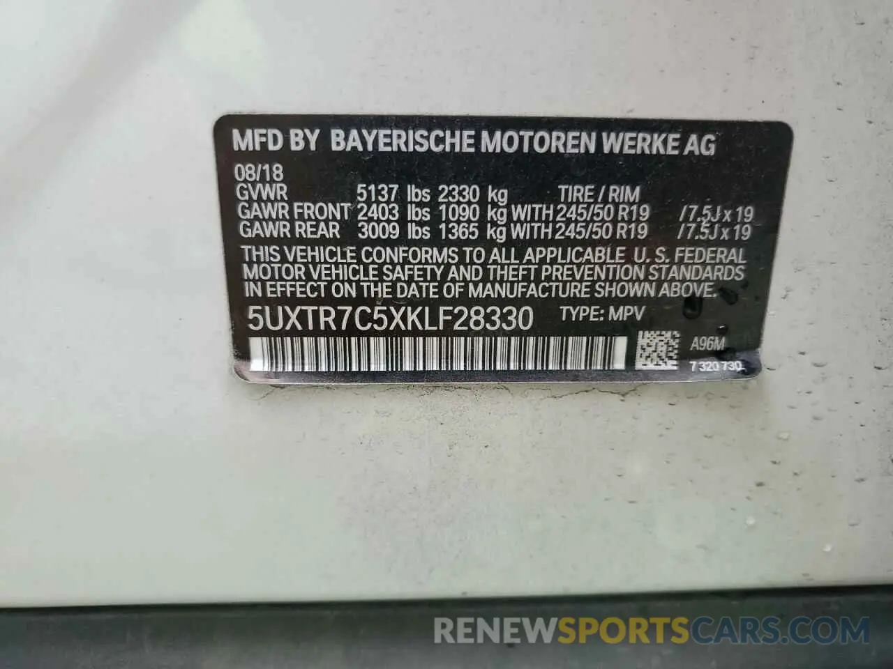 14 Photograph of a damaged car 5UXTR7C5XKLF28330 BMW X3 2019